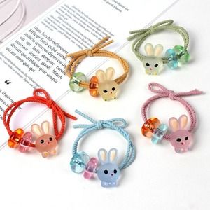 Set/5 Adorable Resin Bunny/Bead Twisted Elastic Hair Ties